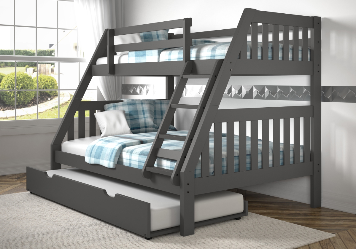 Pd-1018-3dg-tf-503 Twin Over Full Mission Bunk Bed With Twin Trundle, Dark Grey