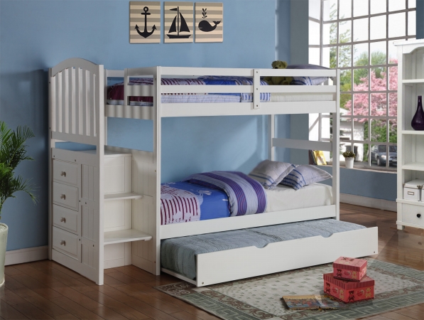 Pd-840w-tt-503 Twin Size Arch Mission Stairway Bunkbed & Slat-kits Mattress Ready With Twin Trundle Bed - White