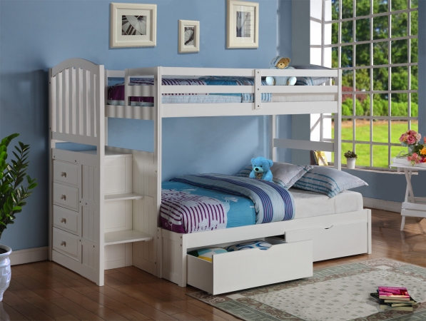 Pd-840w-tf-800-505 Twin & Full Size Arch Mission Stairway Bunkbed & Slat-kits Mattress Ready With Full Extension & Underbed Drawers - White
