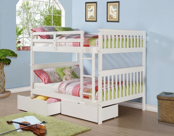 Pd-123-3w-505w Full Size Mission Bunkbed With Dual Underbed Drawers - White
