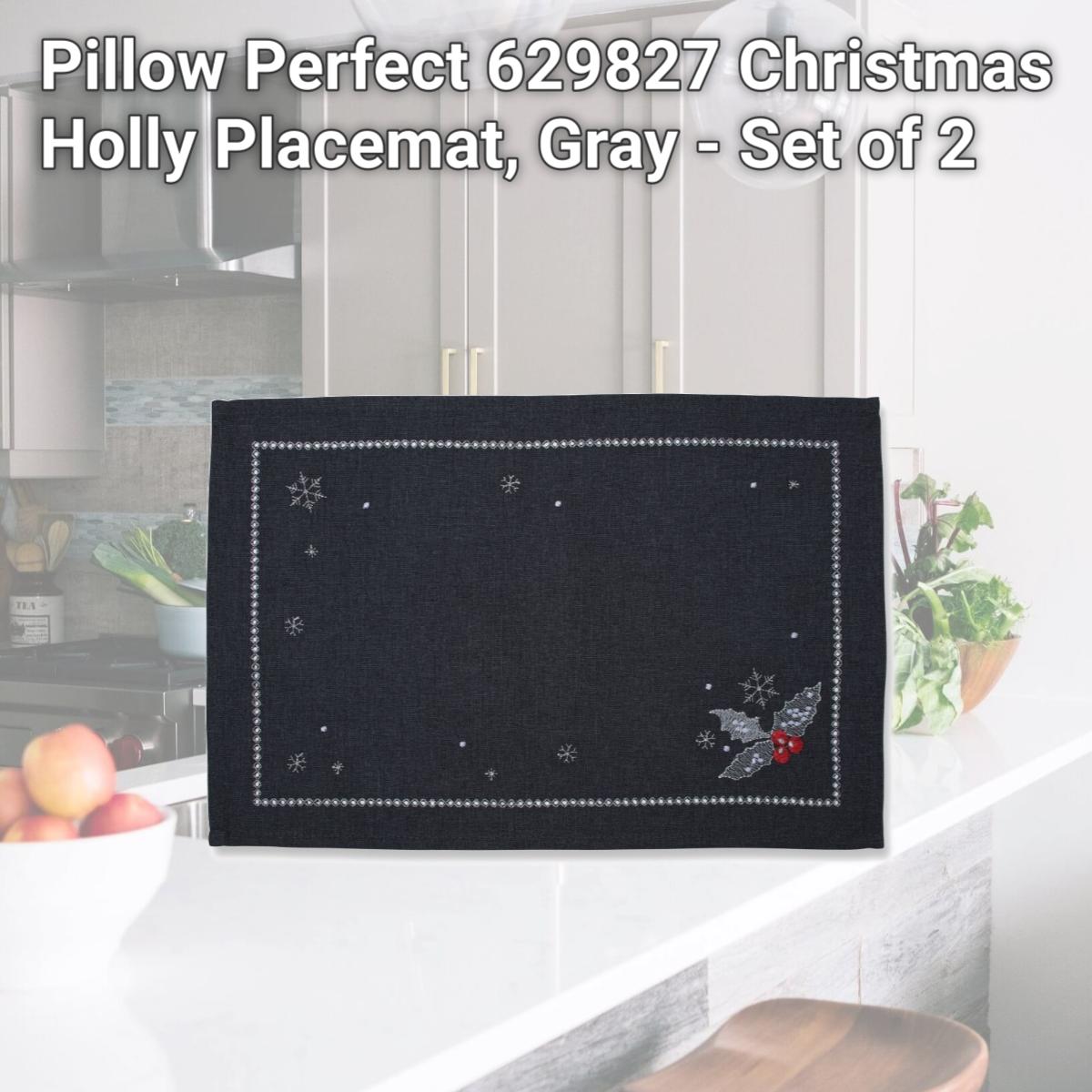 Picture of Pillow Perfect 629827 Christmas Holly Placemat, Gray - Set of 2