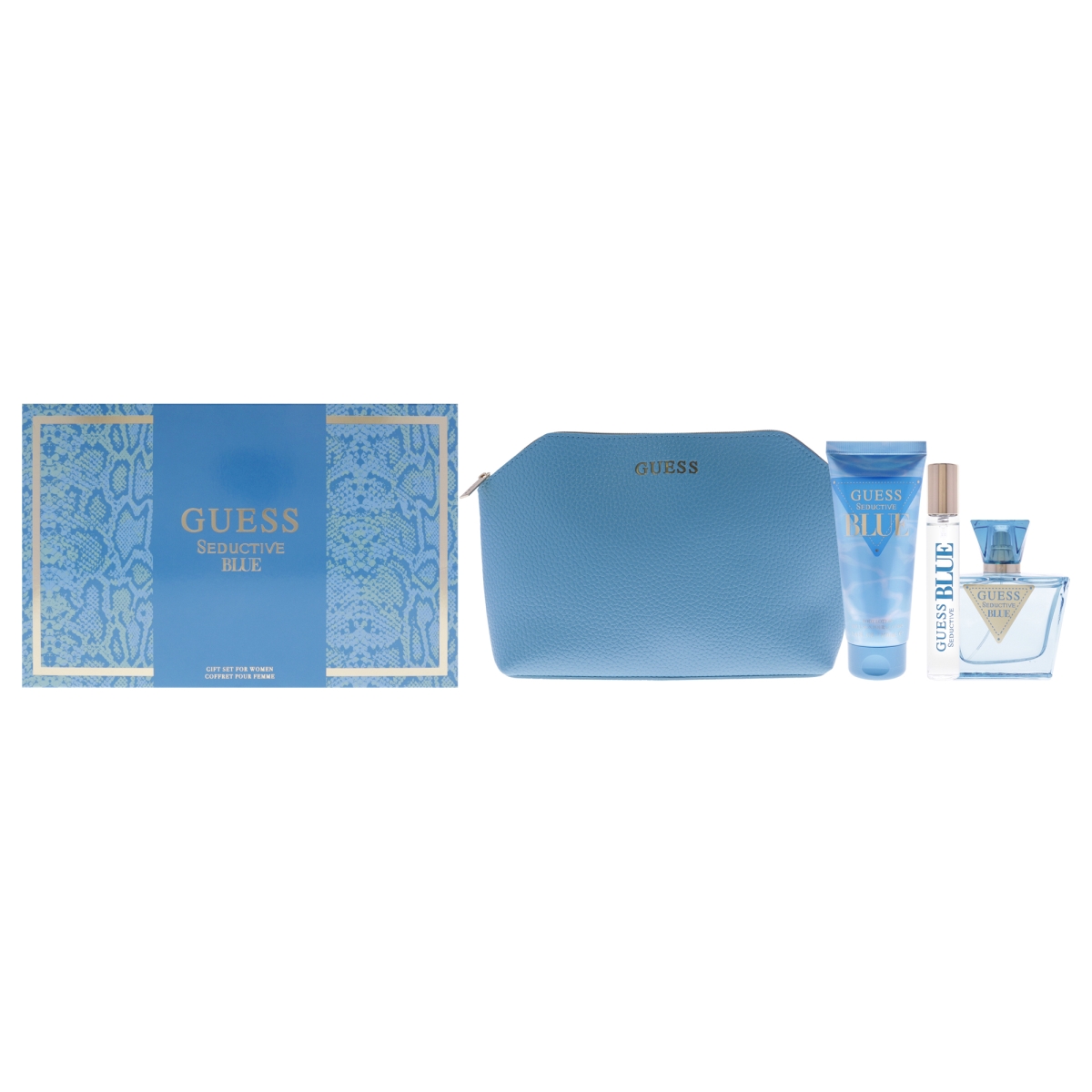 Image of Guess Guess Seductive Blue   4 Pc Gift Set 2.5oz EDT Spray  3.4oz Body Lotion  0.5oz EDT Spray  Pouch