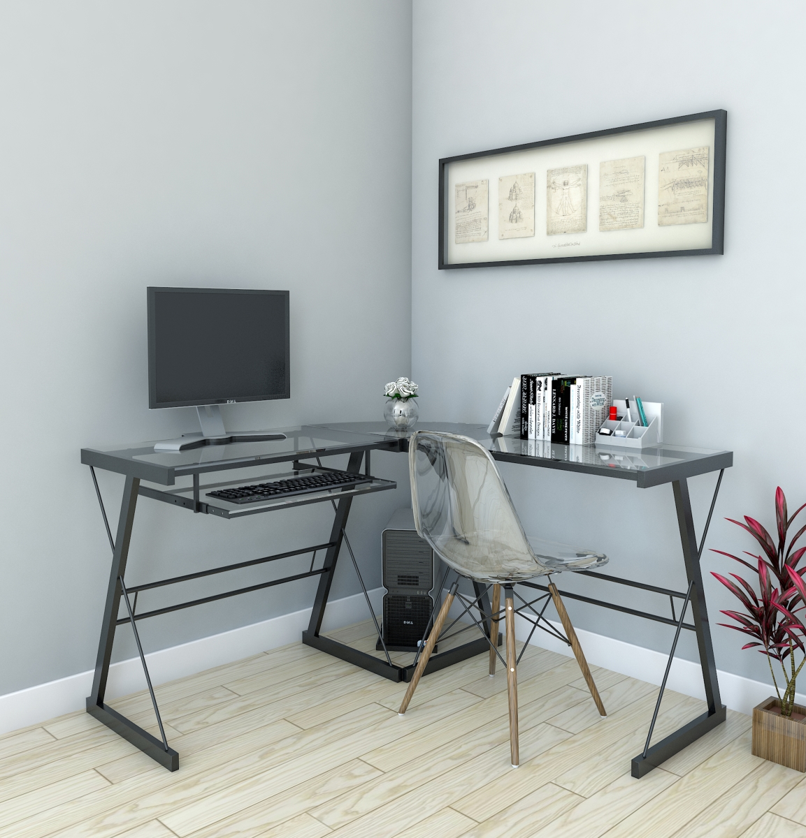 Rr1050-ws Madison 3 Piece Corner L-shaped Computer Desk In Black & Clear Glass
