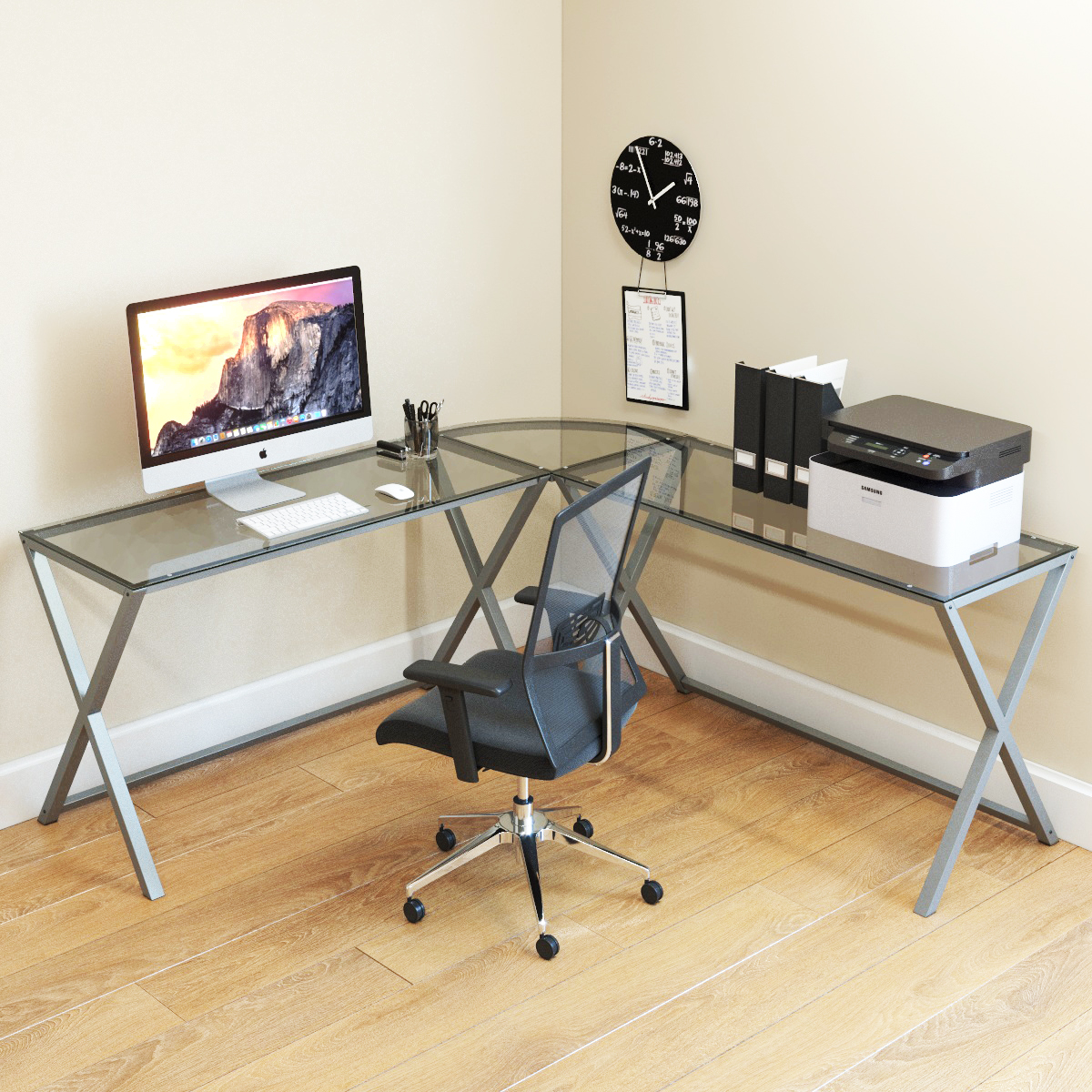 Rr1079 51 X 51 X 29 In. Keeling L Shaped Computer Desk, Silver Frame & Clear Glass - 3 Piece