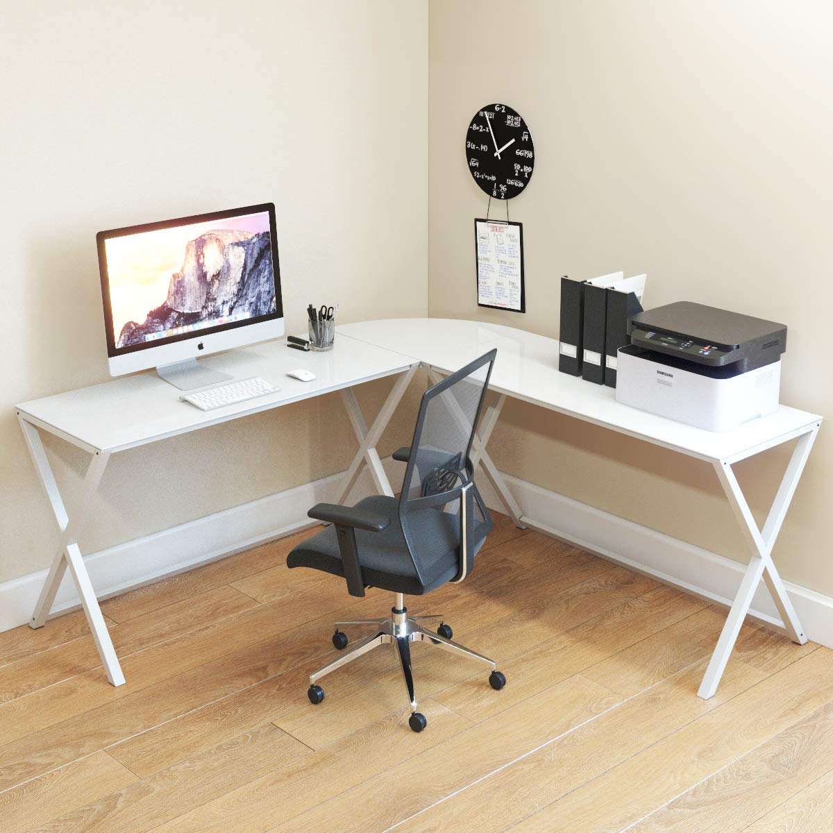 Rr1080 51 X 51 X 29 In. Keeling L Shaped Computer Desk, White Frame & White Glass - 3 Piece