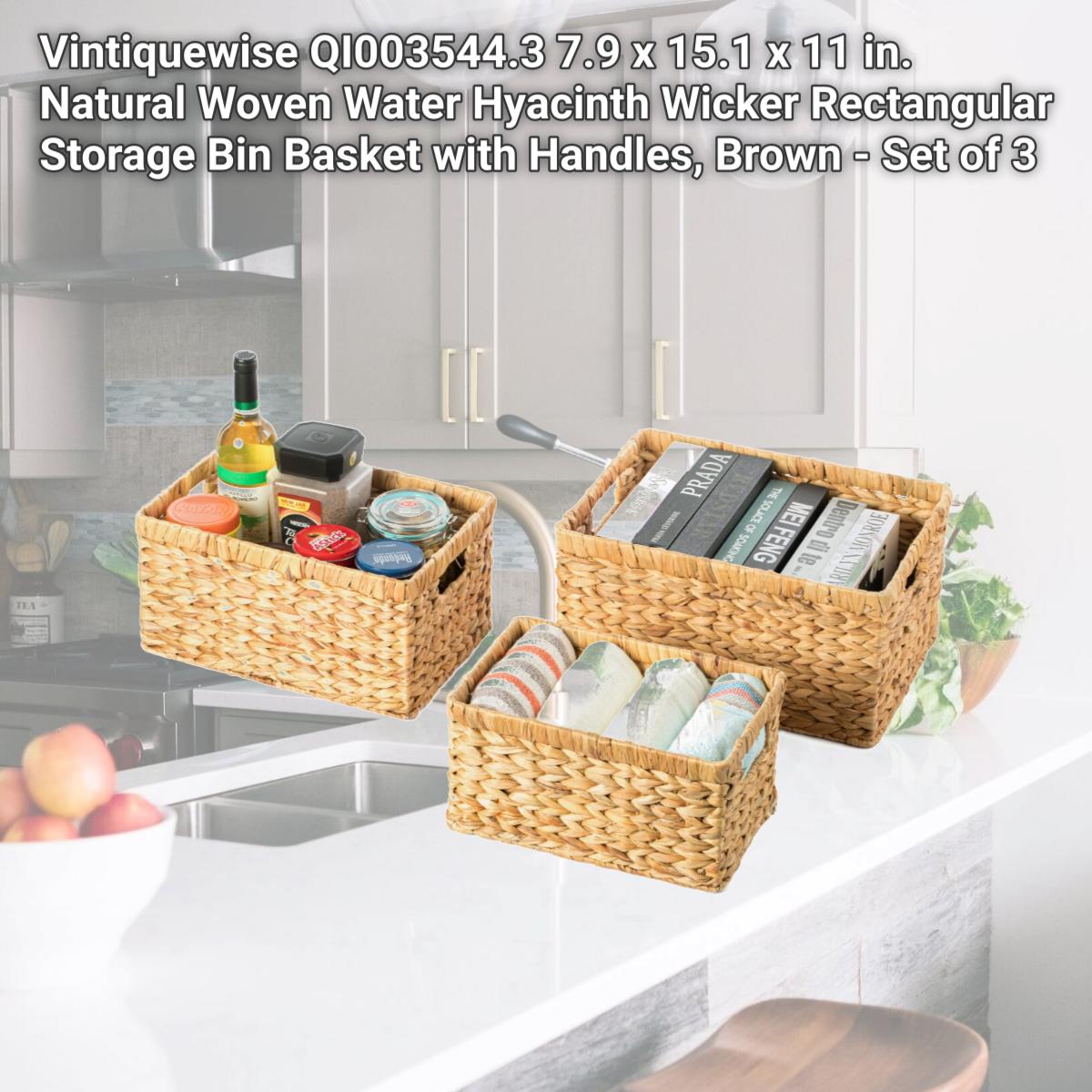 Picture of Vintiquewise QI003544.3 7.9 x 15.1 x 11 in. Natural Woven Water Hyacinth Wicker Rectangular Storage Bin Basket with Handles, Brown - Set of 3