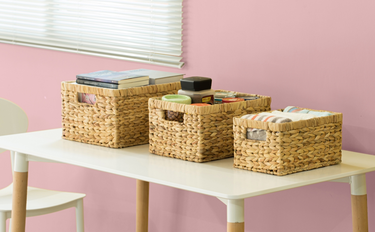 Picture of Vintiquewise QI003544.3 7.9 x 15.1 x 11 in. Natural Woven Water Hyacinth Wicker Rectangular Storage Bin Basket with Handles, Brown - Set of 3