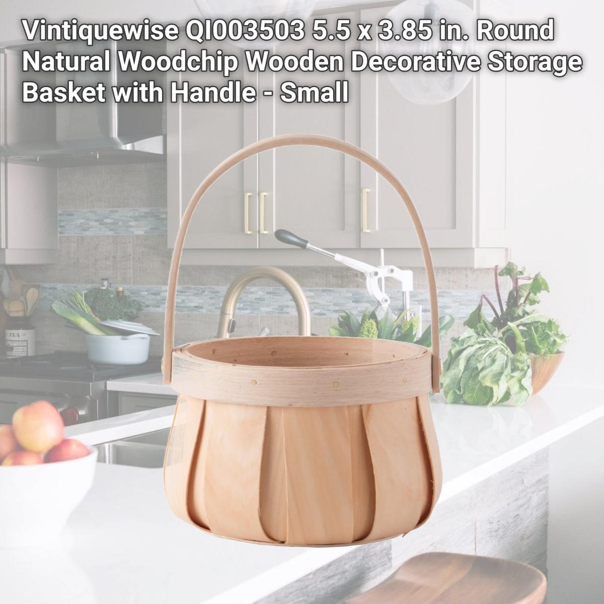 Picture of Vintiquewise QI003503 5.5 x 3.85 in. Round Natural Woodchip Wooden Decorative Storage Basket with Handle - Small