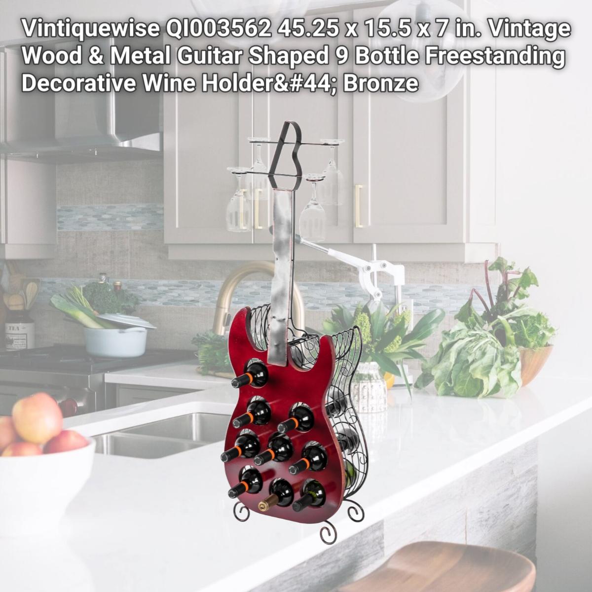 Picture of Vintiquewise QI003562 45.25 x 15.5 x 7 in. Vintage Wood & Metal Guitar Shaped 9 Bottle Freestanding Decorative Wine Holder, Bronze