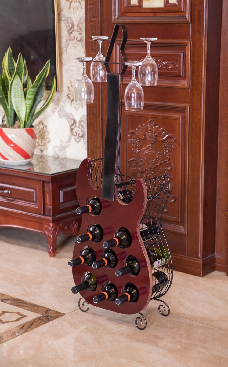 Picture of Vintiquewise QI003562 45.25 x 15.5 x 7 in. Vintage Wood & Metal Guitar Shaped 9 Bottle Freestanding Decorative Wine Holder, Bronze