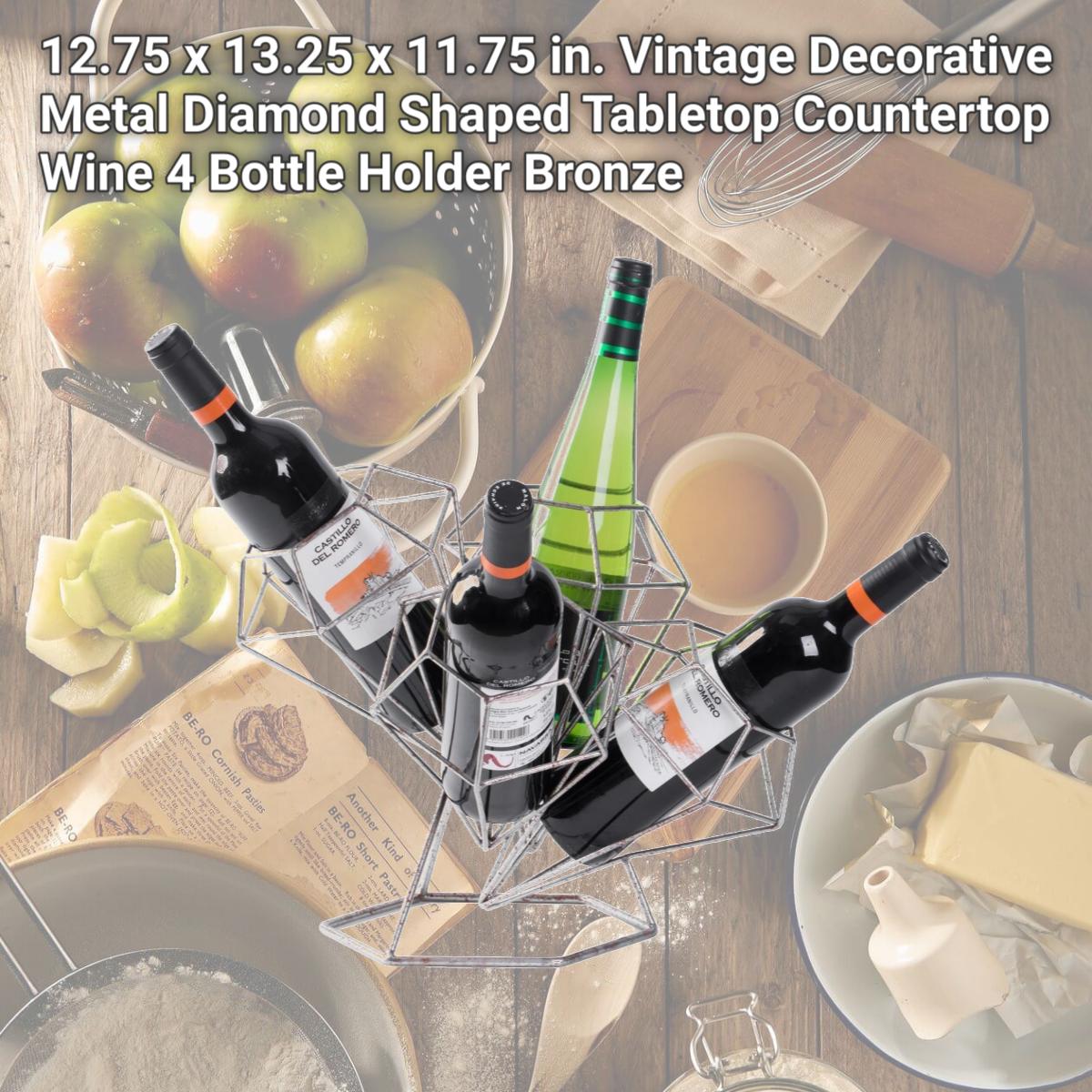 Picture of Vintiquewise QI003564 12.75 x 13.25 x 11.75 in. Vintage Decorative Metal Diamond Shaped Tabletop Countertop Wine 4 Bottle Holder, Bronze