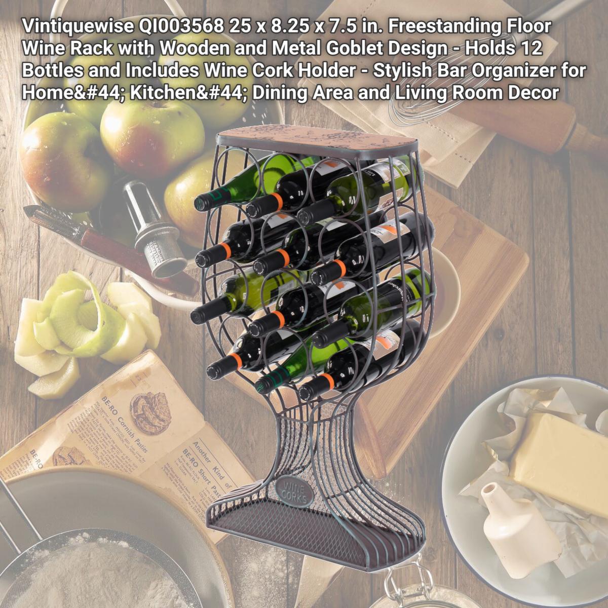 Picture of Vintiquewise QI003568 25 x 8.25 x 7.5 in. Freestanding Floor Wine Rack with Wooden and Metal Goblet Design - Holds 12 Bottles and Includes Wine Cork Holder - Stylish Bar Organizer for Home, Kitchen, Dining Area and Living Room Decor