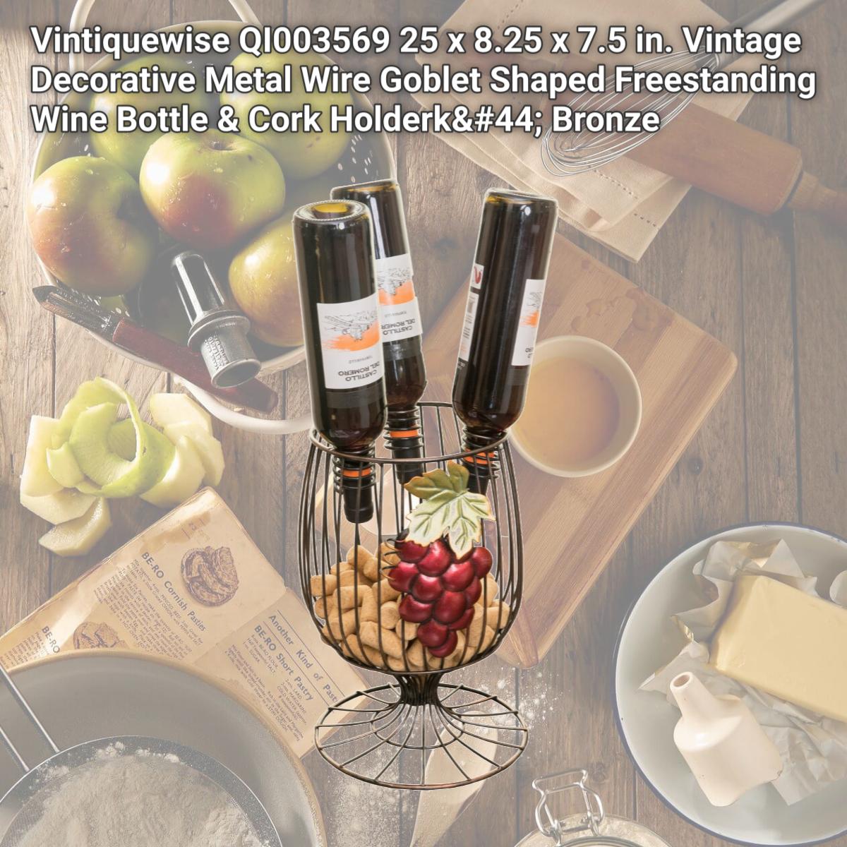 Picture of Vintiquewise QI003569 25 x 8.25 x 7.5 in. Vintage Decorative Metal Wire Goblet Shaped Freestanding Wine Bottle & Cork Holderk, Bronze