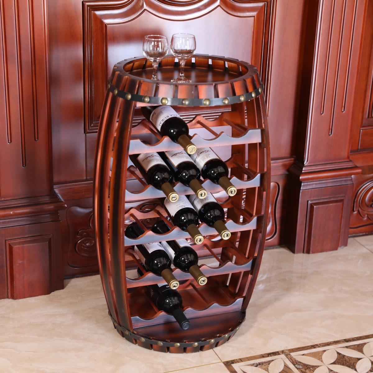 Picture of Vintiquewise QI003604L 31 x 15.25 x 15.25 in. Rustic Barrel Shaped Wooden Wine Rack for 23 Bottles, Brown