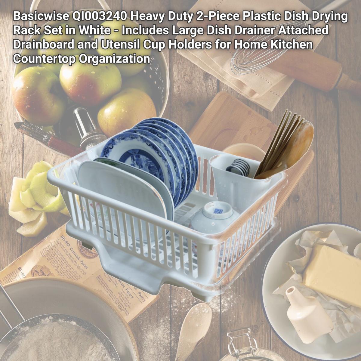 Picture of Basicwise QI003240 Heavy Duty 2-Piece Plastic Dish Drying Rack Set in White - Includes Large Dish Drainer  Attached Drainboard  and Utensil Cup Holders for Home Kitchen Countertop Organization