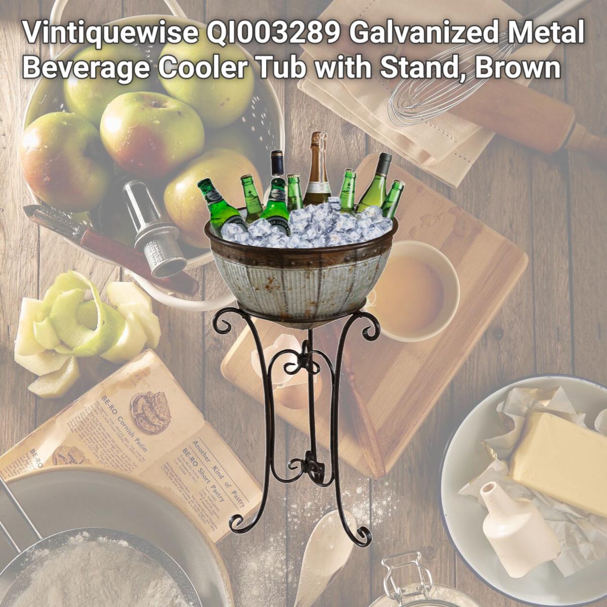 Picture of Vintiquewise QI003289 Galvanized Metal Beverage Cooler Tub with Stand, Brown