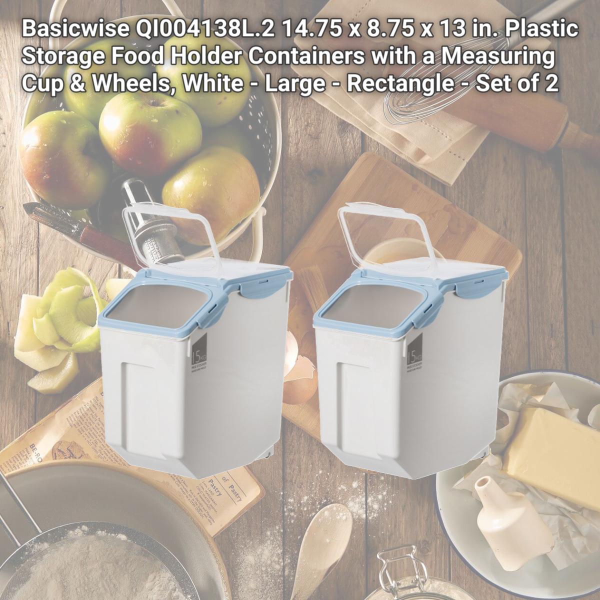 Picture of Basicwise QI004138L.2 14.75 x 8.75 x 13 in. Plastic Storage Food Holder Containers with a Measuring Cup & Wheels, White - Large - Rectangle - Set of 2
