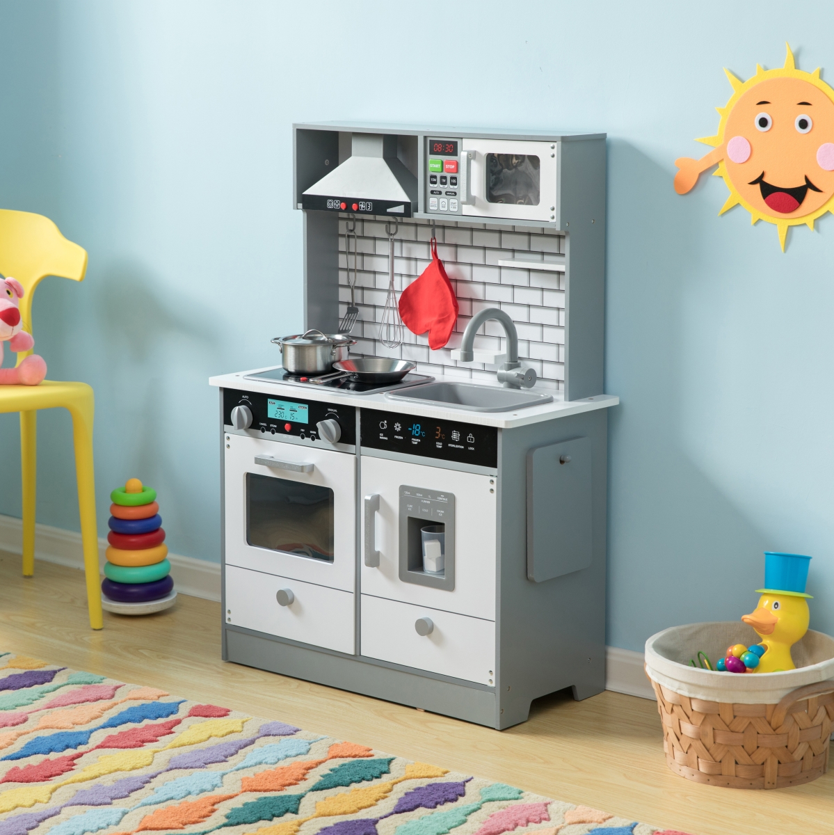 Picture of Gardenised QI004208 Wooden Play Kitchen Toy with Light on Microwave&#44; Cabinet&#44; Sound Electronic Stove & Microwave Sink