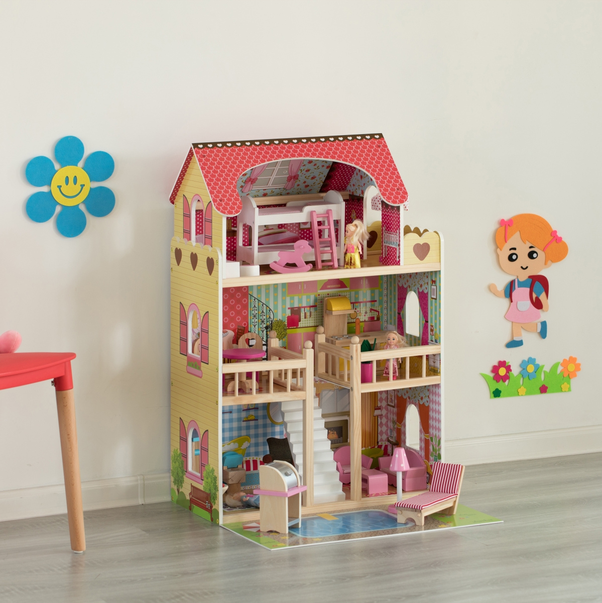 Picture of Gardenised QI004210 Wooden Doll House with Toys & Furniture Accessories with LED Light