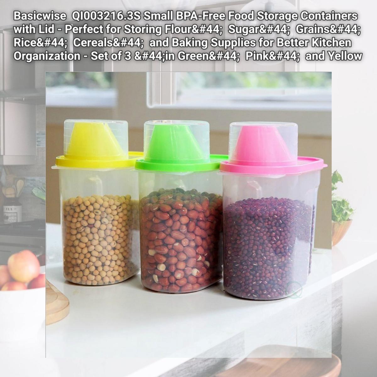 Picture of Basicwise  QI003216.3S Small BPA-Free Food Storage Containers with Lid - Perfect for Storing Flour,  Sugar,  Grains,  Rice,  Cereals,  and Baking Supplies for Better Kitchen Organization - Set of 3 ,in Green,  Pink,  and Yellow