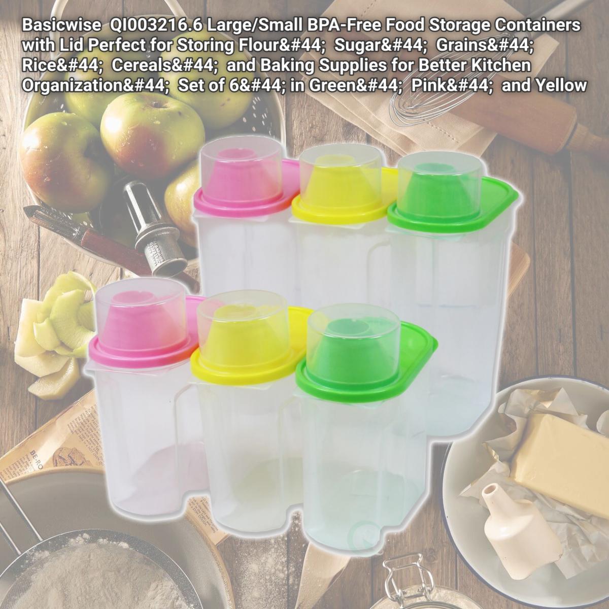 Picture of Basicwise  QI003216.6 Large/Small BPA-Free Food Storage Containers with Lid Perfect for Storing Flour,  Sugar,  Grains,  Rice,  Cereals,  and Baking Supplies for Better Kitchen Organization,  Set of 6, in Green,  Pink,  and Yellow