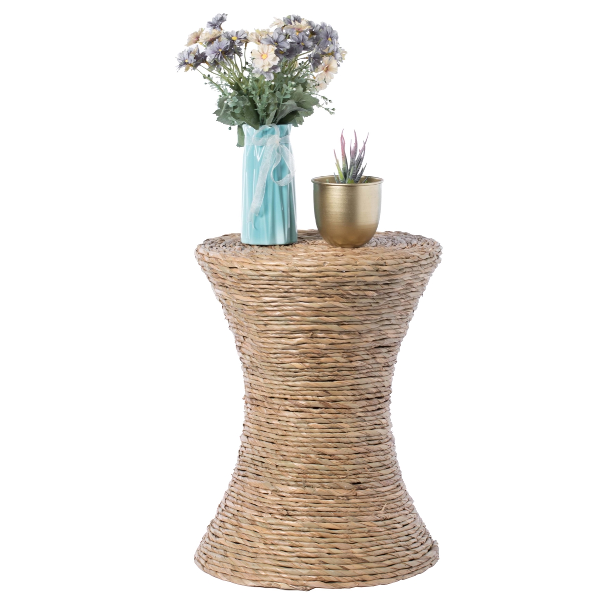 QI003834 Decorative Round Wicker Side Table & Hourglass Shape Accent Coffee Table