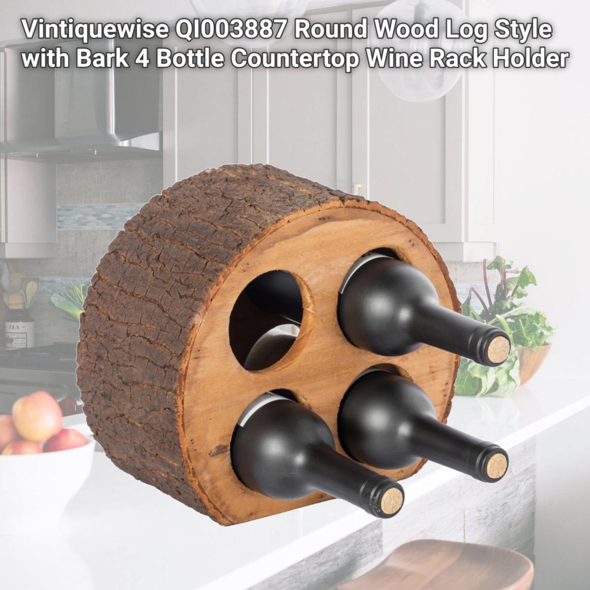 Picture of Vintiquewise QI003887 Round Wood Log Style with Bark 4 Bottle Countertop Wine Rack Holder
