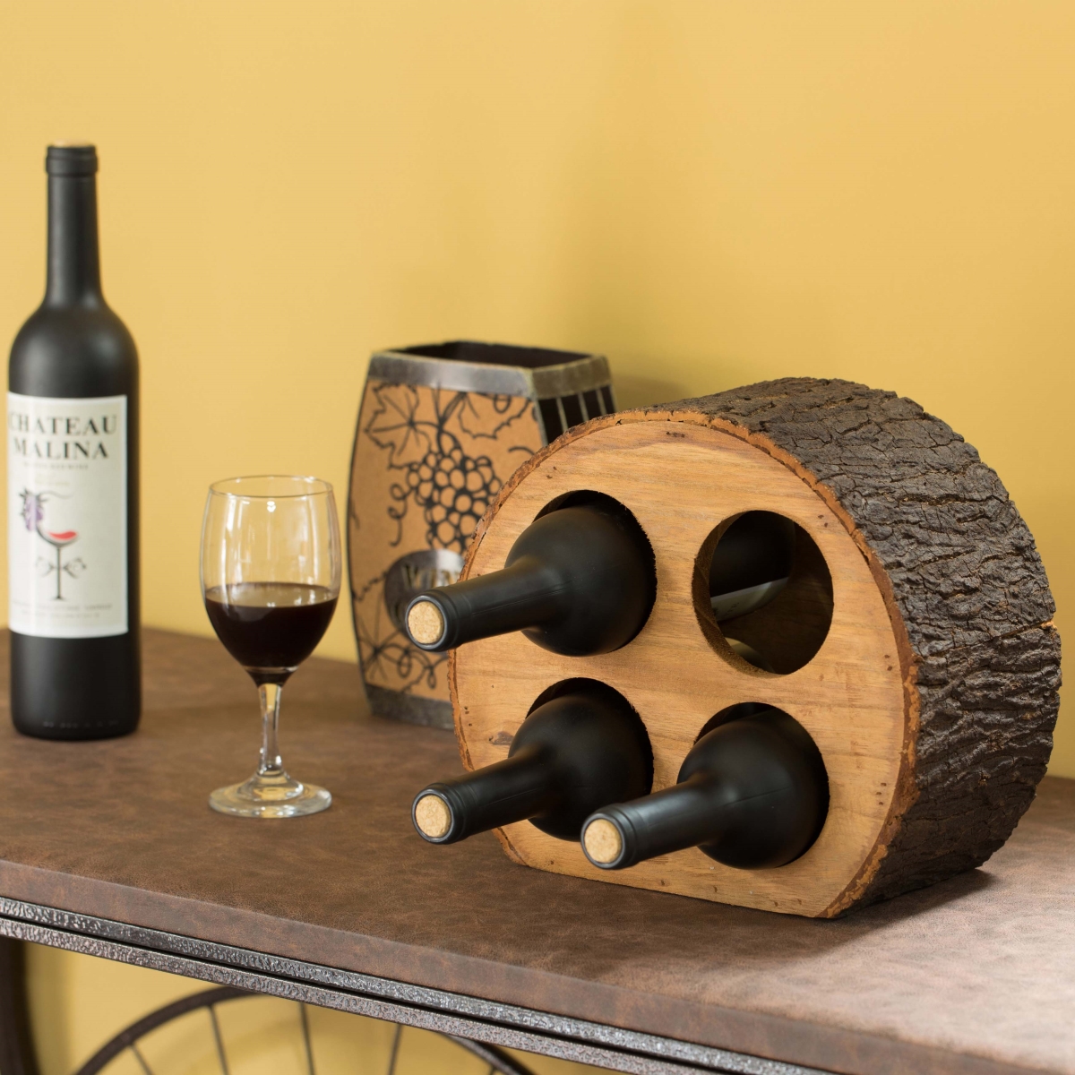 Picture of Vintiquewise QI003887 Round Wood Log Style with Bark 4 Bottle Countertop Wine Rack Holder