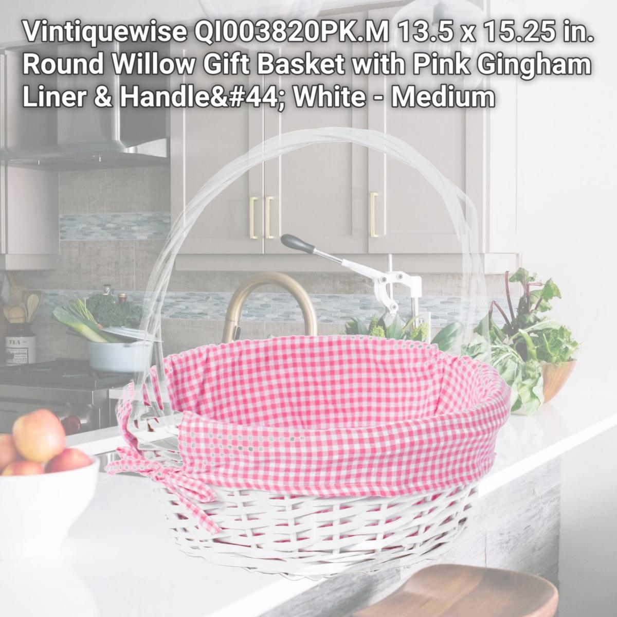 Picture of Vintiquewise QI003820PK.M 13.5 x 15.25 in. Round Willow Gift Basket with Pink Gingham Liner & Handle, White - Medium