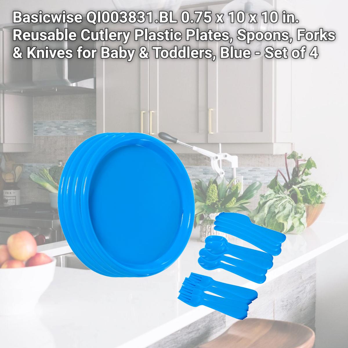 Picture of Basicwise QI003831.BL 0.75 x 10 x 10 in. Reusable Cutlery Plastic Plates, Spoons, Forks & Knives for Baby & Toddlers, Blue - Set of 4