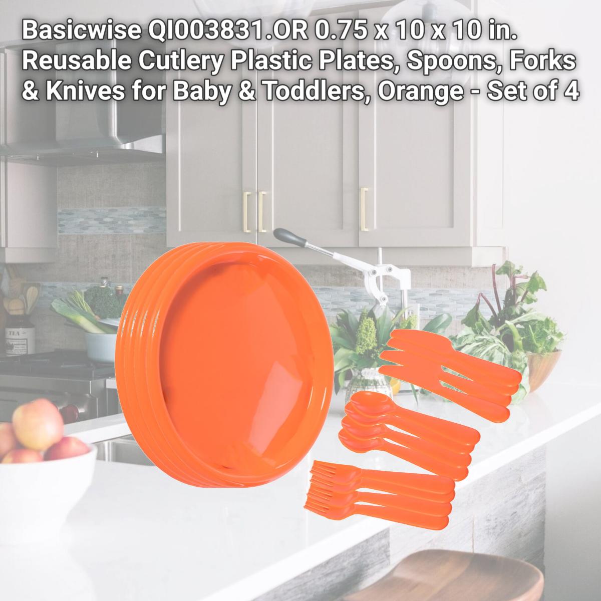 Picture of Basicwise QI003831.OR 0.75 x 10 x 10 in. Reusable Cutlery Plastic Plates, Spoons, Forks & Knives for Baby & Toddlers, Orange - Set of 4