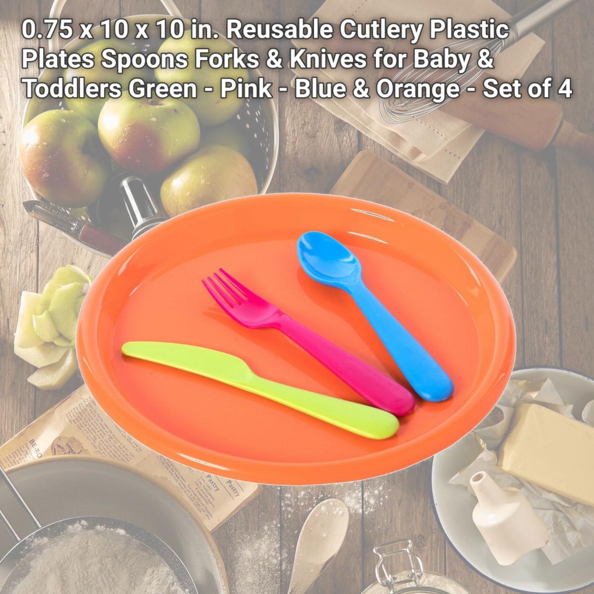 Picture of Basicwise QI003831.4 0.75 x 10 x 10 in. Reusable Cutlery Plastic Plates, Spoons, Forks & Knives for Baby & Toddlers, Green - Pink - Blue & Orange - Set of 4