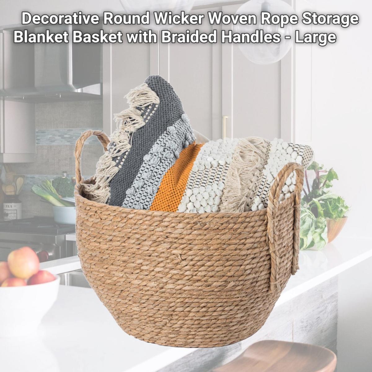 Picture of Vintiquewise QI003835.L Decorative Round Wicker Woven Rope Storage Blanket Basket with Braided Handles - Large
