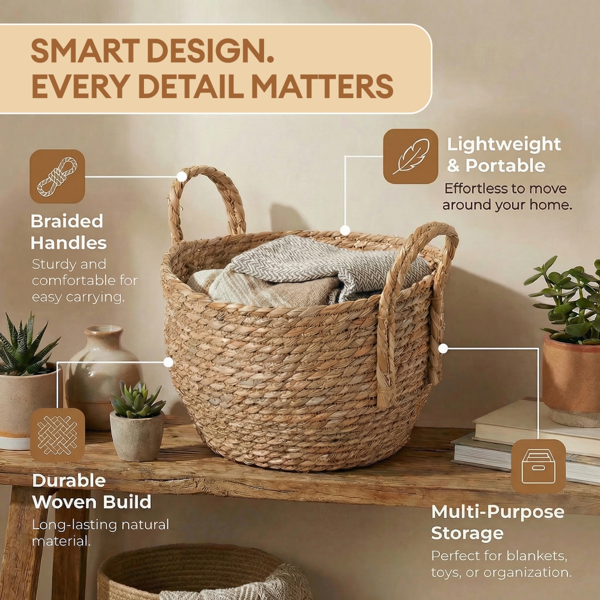 Picture of Vintiquewise QI003835.M Decorative Round Wicker Woven Rope Storage Blanket Basket with Braided Handles - Medium