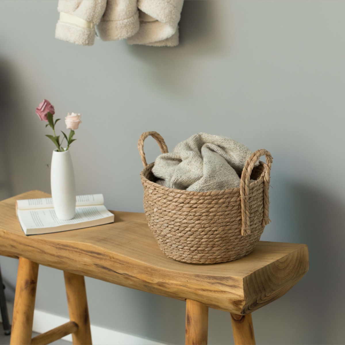 Picture of Vintiquewise QI003835.S Decorative Round Wicker Woven Rope Storage Blanket Basket with Braided Handles - Small