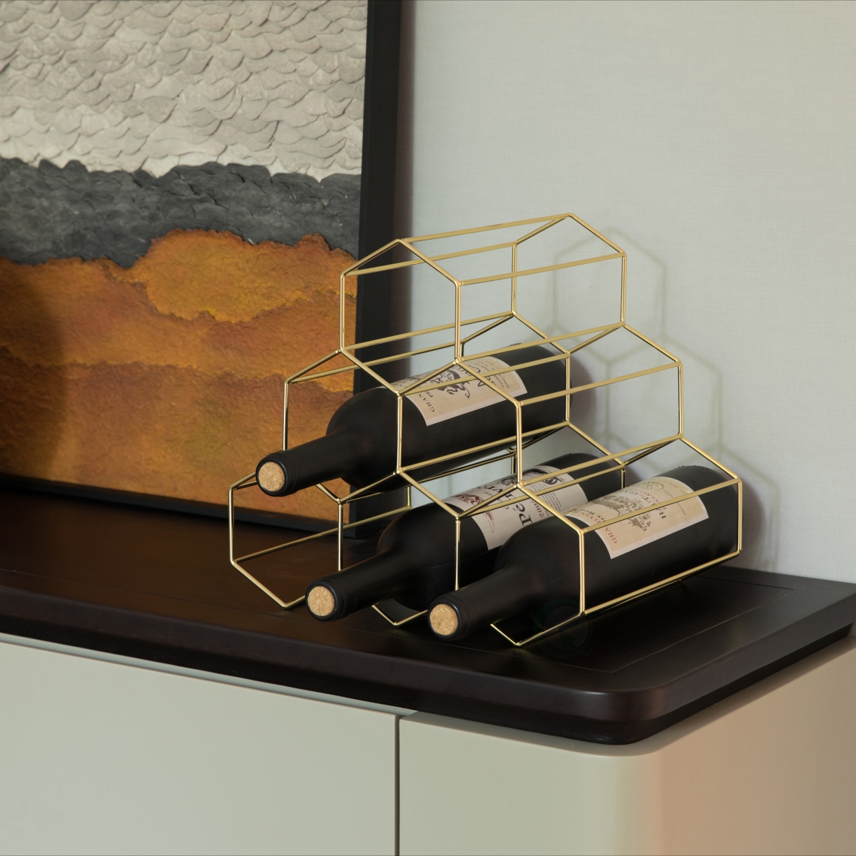Picture of Fabulaxe QI004067 10.5 x 11 x 8.25 in. 6 Bottle Metal Modern Beehive Honeycomb Shape Countertop Wine Bottle Holder Rack Stand, Gold