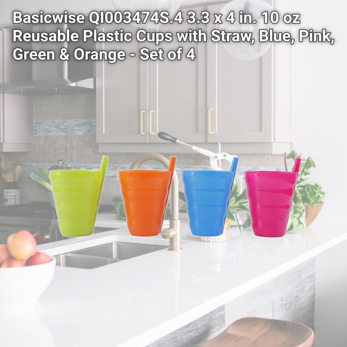 Picture of Basicwise QI003474S.4 3.3 x 4 in. 10 oz Reusable Plastic Cups with Straw, Blue, Pink, Green & Orange - Set of 4