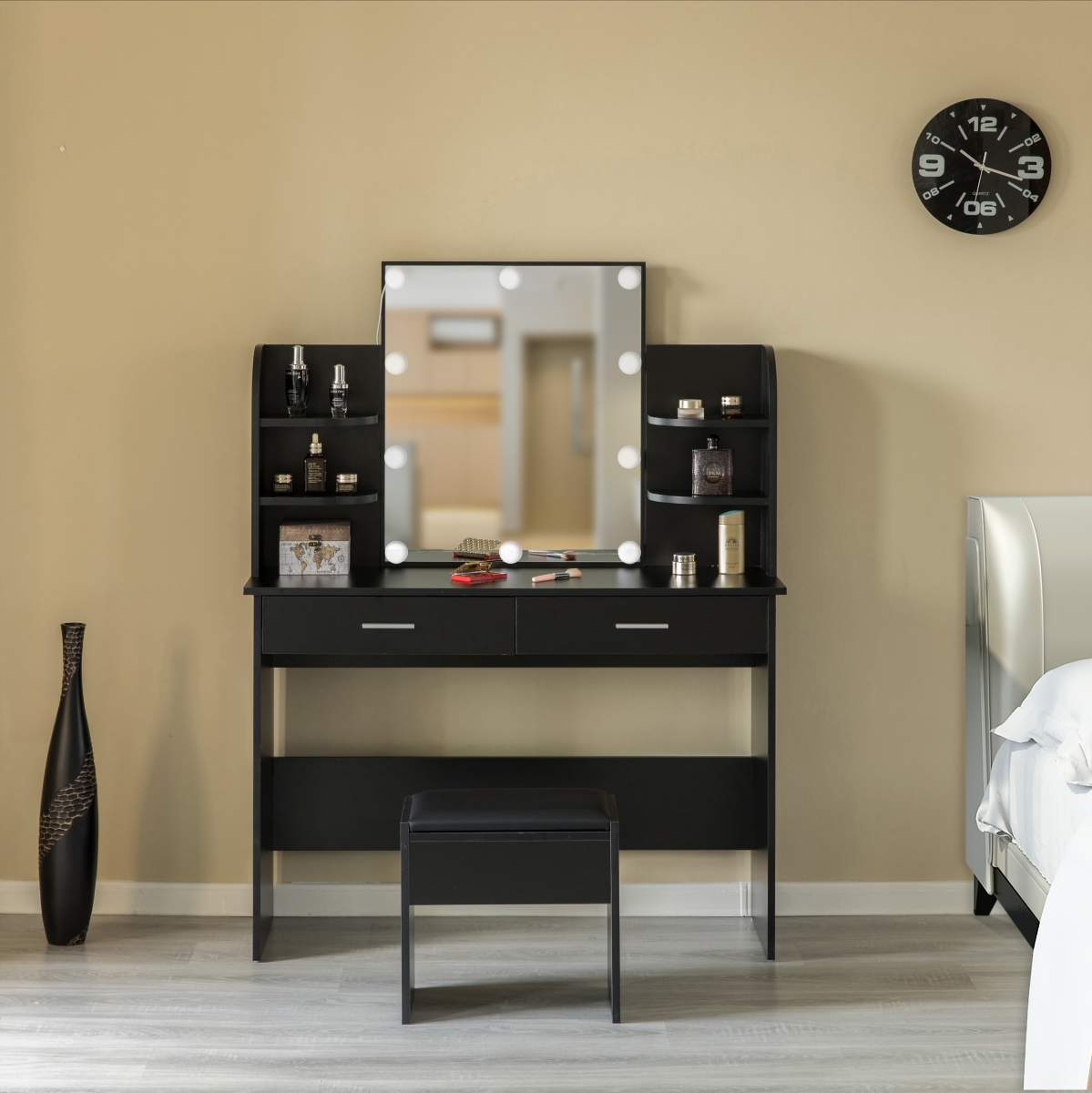 Picture of Basicwise QI004268L.BK Black Modern Wooden Vanity Dressing Table With Two Drawers, Led Mirror and Stool