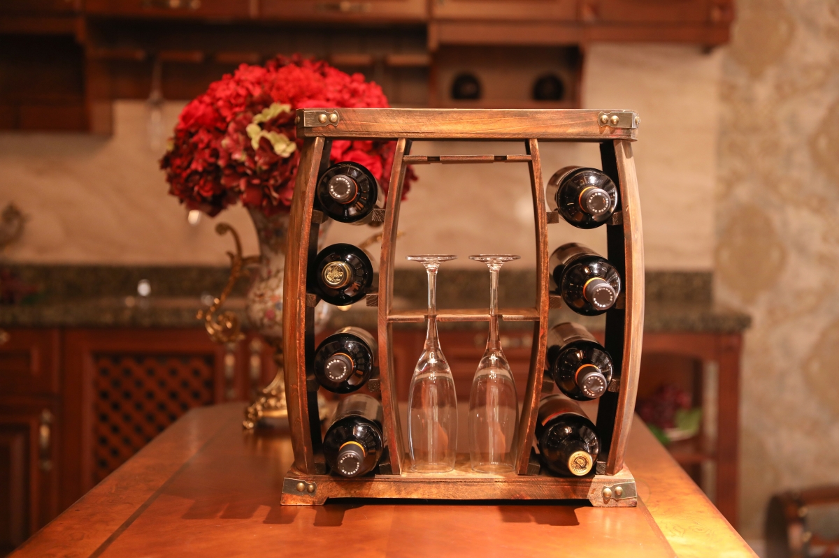 Picture of Rustic Wooden Wine Rack with Glass Holder, 8 Bottle Decorative Wine Holder