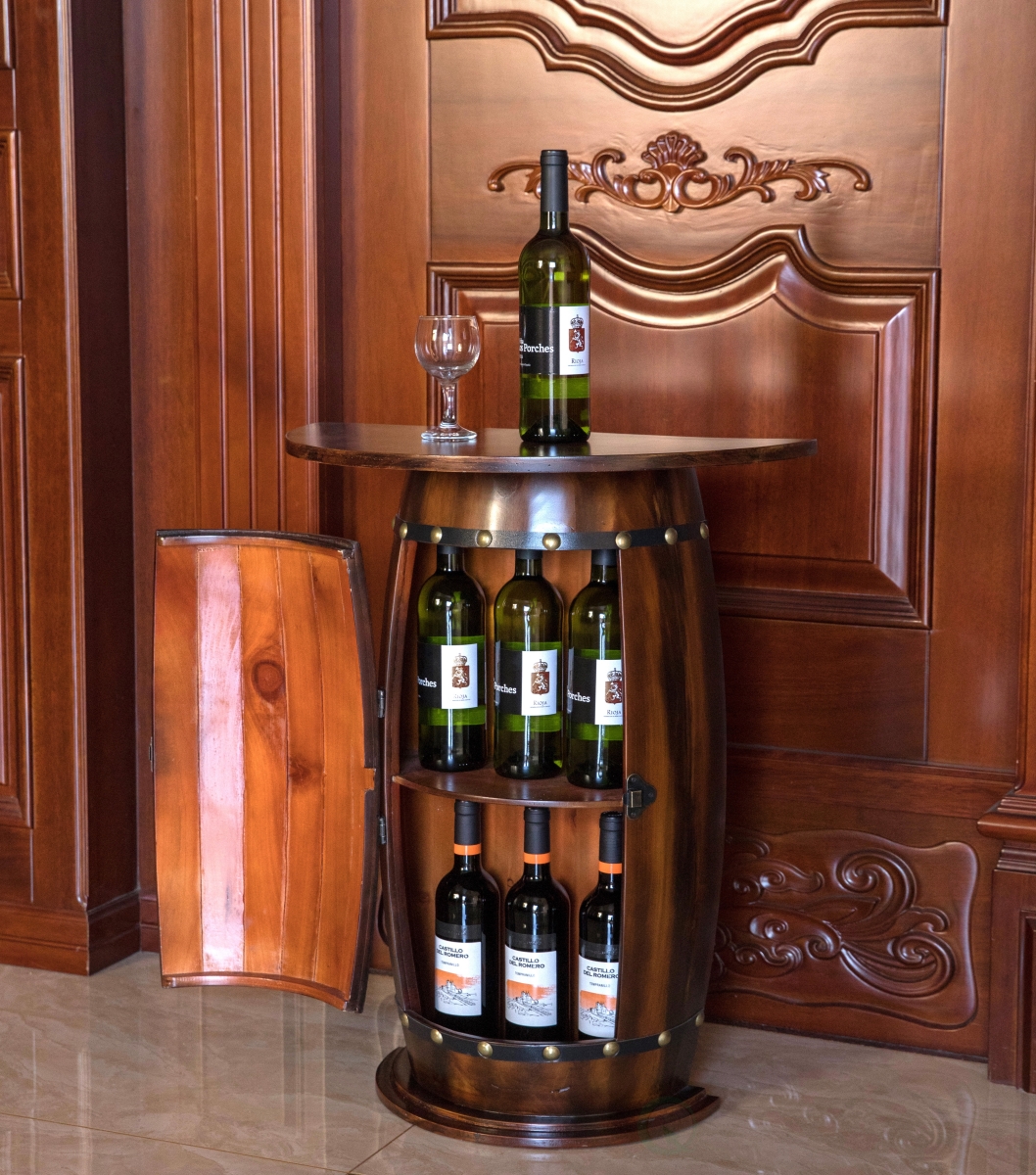 Picture of Vintiquewise QI003403L Wooden Wine Barrel Console, Bar End Table Lockable Cabinet