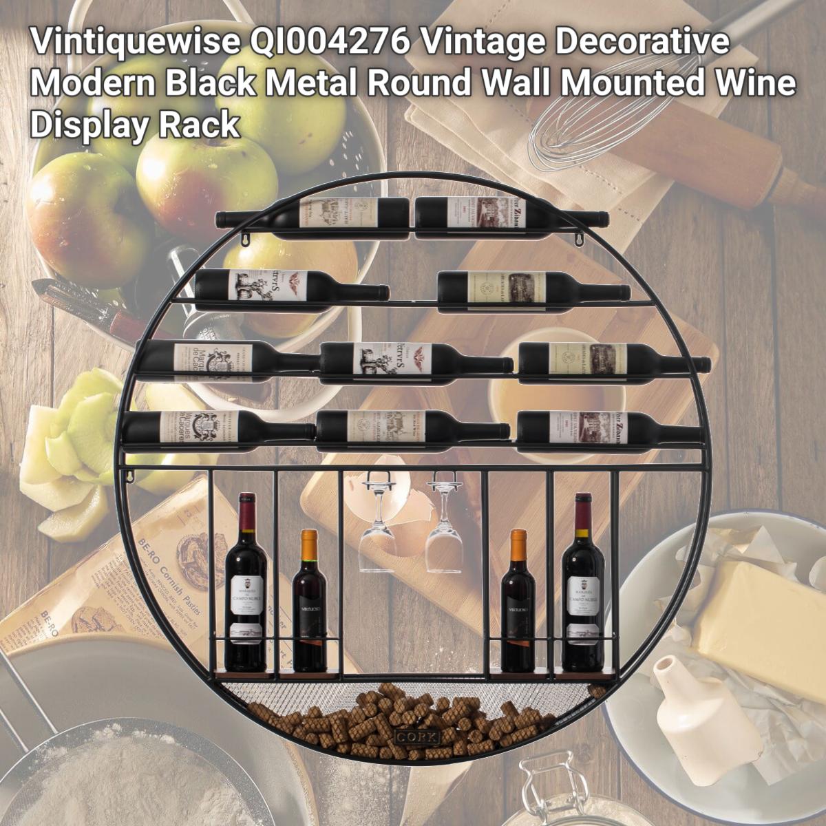 Picture of Vintiquewise QI004276 Vintage Decorative Modern Black Metal Round Wall Mounted Wine Display Rack