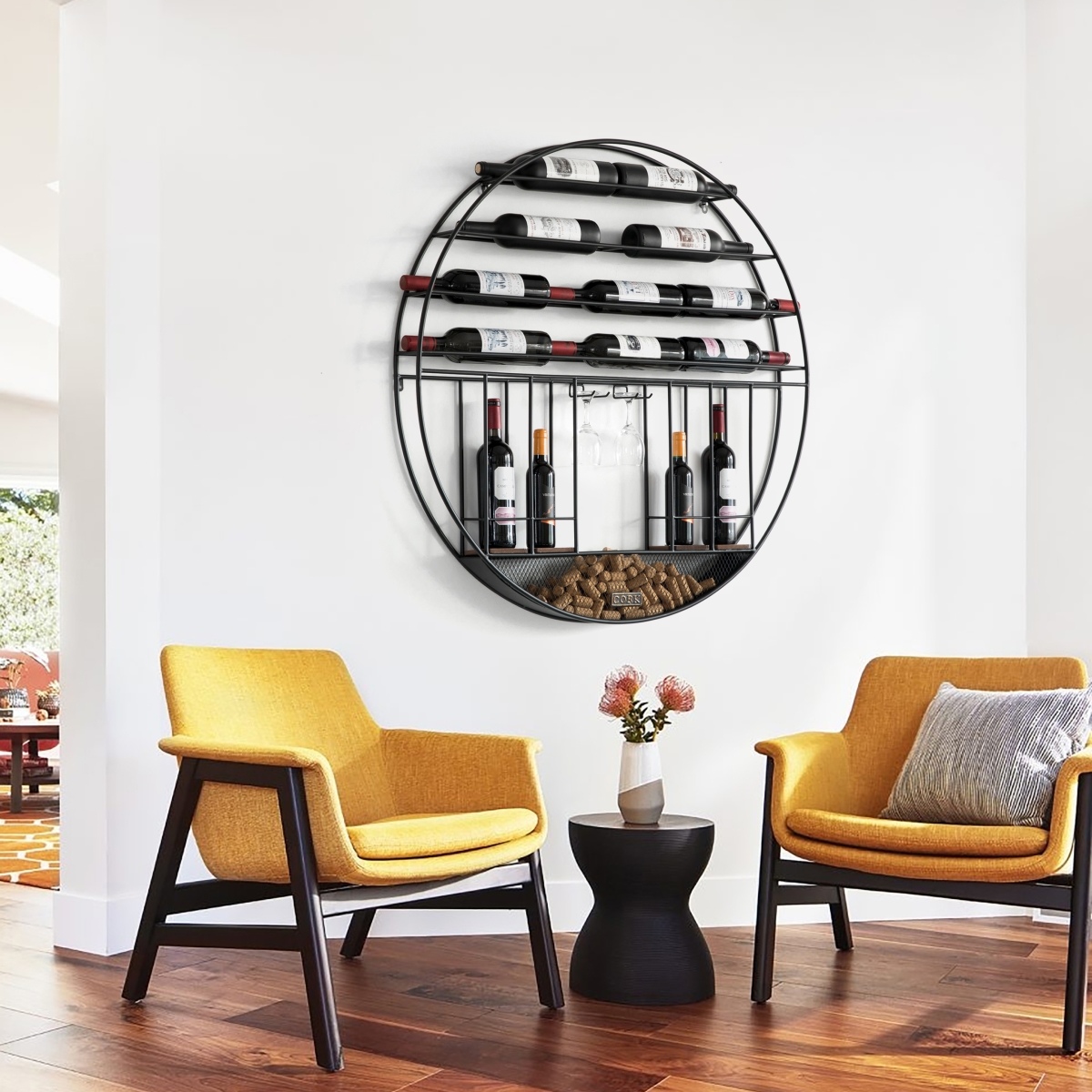 Picture of Vintiquewise QI004276 Vintage Decorative Modern Black Metal Round Wall Mounted Wine Display Rack