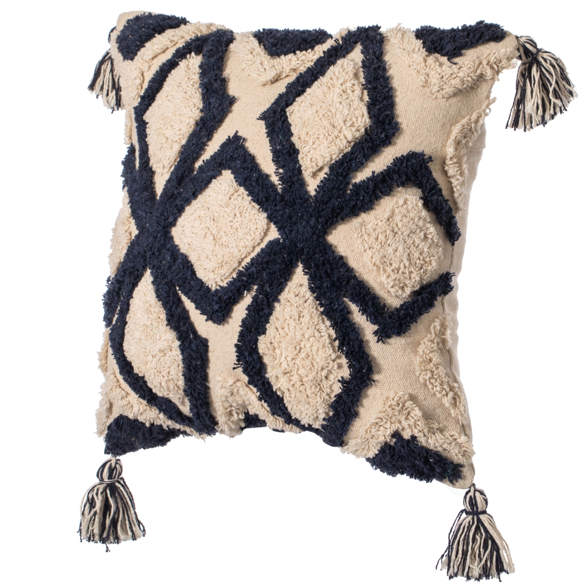 16' Handwoven Cotton Throw Pillow Cover with Tufted Blue & White Geometric Pattern and Corner Tassels with Filler, Blue