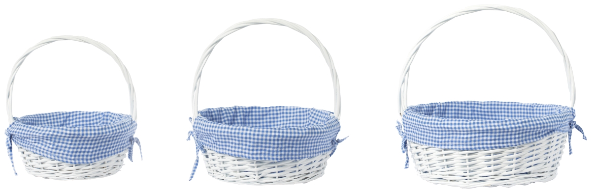 Picture of Vintiquewise QI004550BL.3 White Round Willow Gift Basket, with Blue and White Gingham Liner and Handles, Set of 3