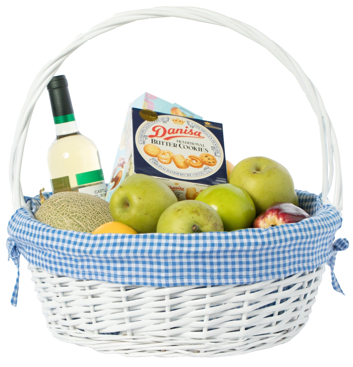 Picture of Vintiquewise QI004550BL.L White Round Willow Gift Basket, with Blue and White Gingham Liner and Handles, Large