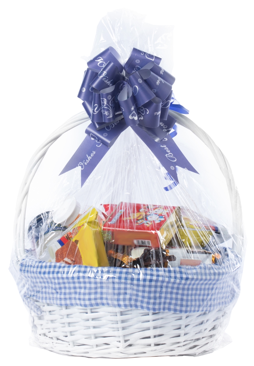 Picture of Vintiquewise QI004550BL.S White Round Willow Gift Basket, with Blue and White Gingham Liner and Handles, Small
