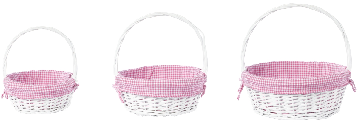 Picture of Vintiquewise QI004550PK.3 White Round Willow Gift Basket, with Pink and White Gingham Liner and Handles, Set of 3