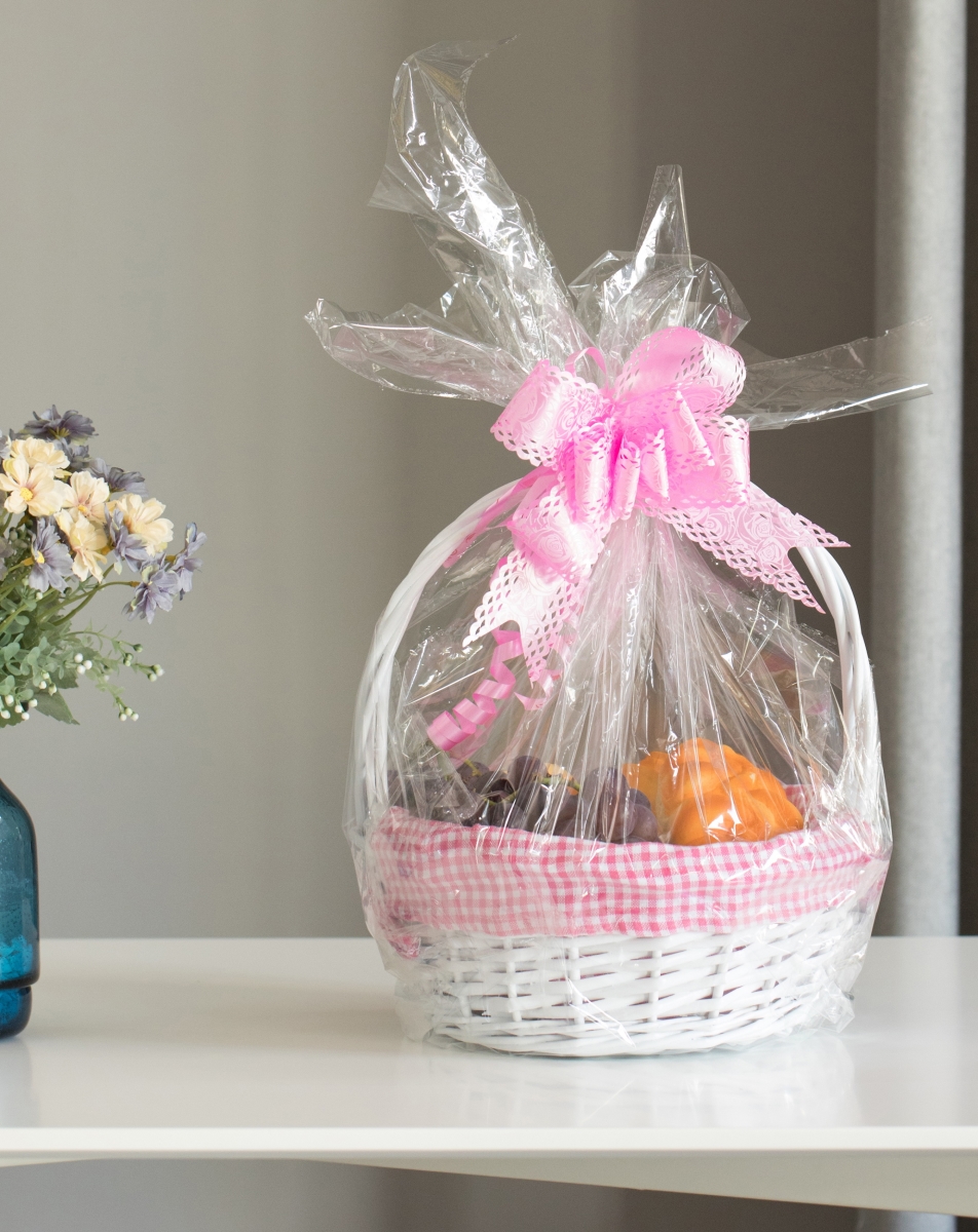Picture of Vintiquewise QI004550PK.3 White Round Willow Gift Basket, with Pink and White Gingham Liner and Handles, Set of 3