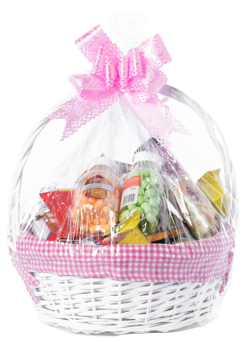 Picture of Vintiquewise QI004550PK.L White Round Willow Gift Basket, with Pink and White Gingham Liner and Handles, Large