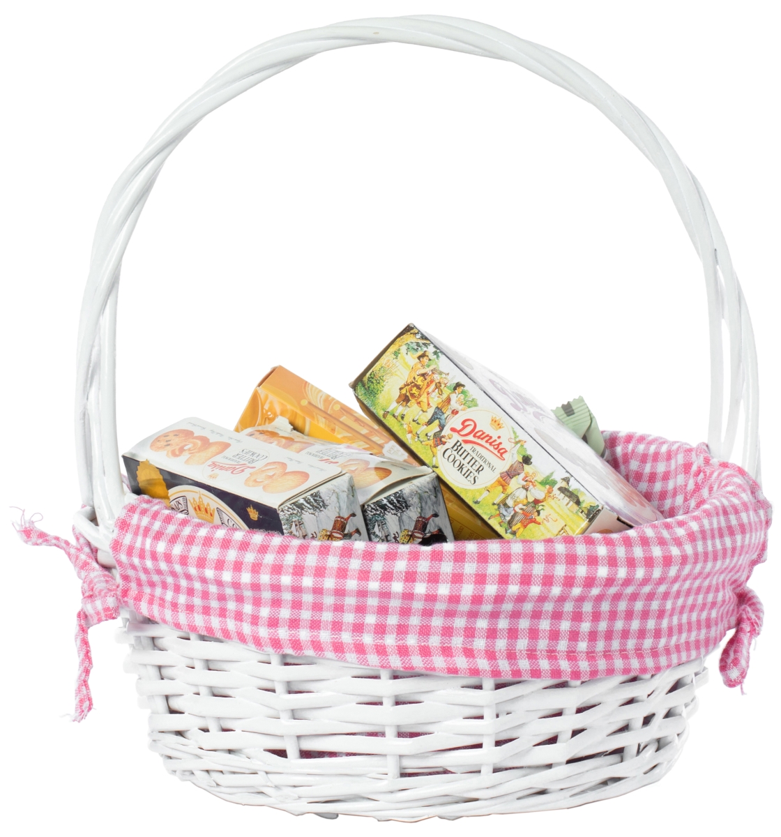 Picture of Vintiquewise QI004550PK.S White Round Willow Gift Basket, with Pink and White Gingham Liner and Handles, Small